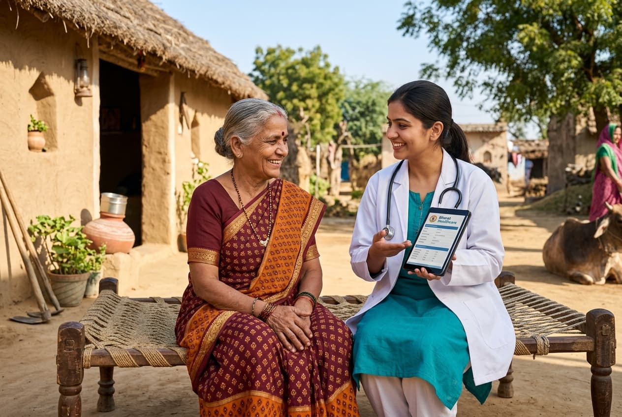 Rural healthcare doctor consulting an elderly Indian patient in a village